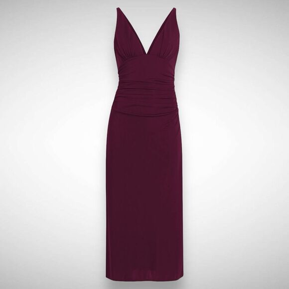 Cinq a Sept Lacey Ruched Dark Fig Crepe Midi Dress Size 6 Sleeveless Simple - Picture 12 of 12